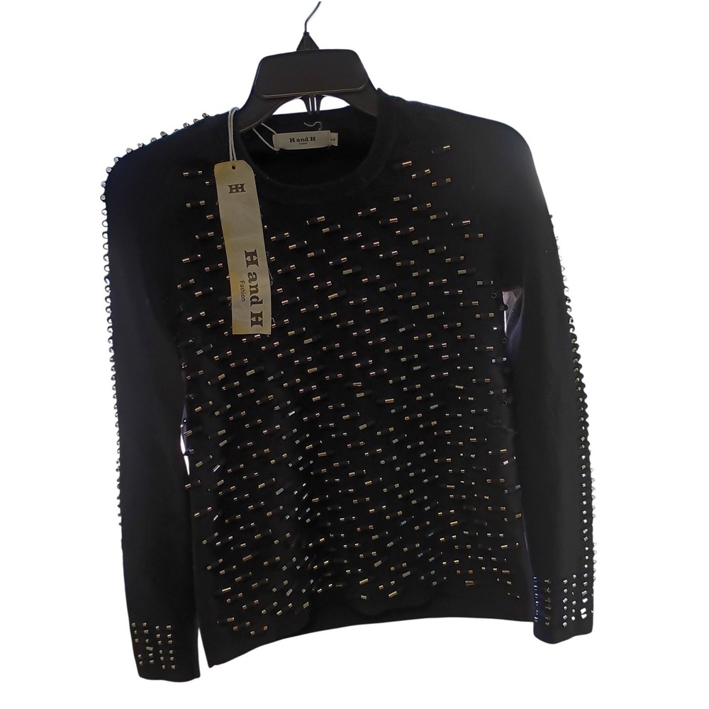 Hand‎ H Fashion Black Embellished Sweater Metal Tube Studded Crew Neck Large NWT